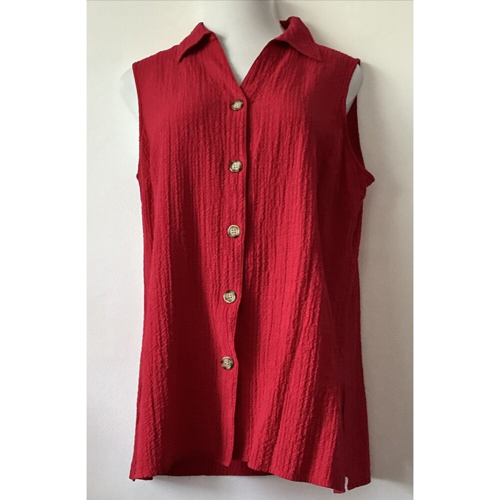 VTG Top Blouse Shirt Size 18 Sleeveless Collared Button Front Belt Red Casual XL